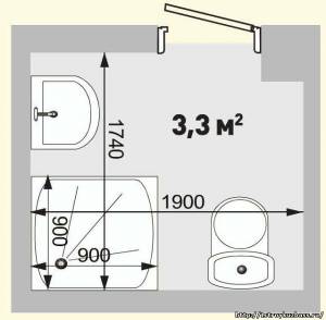 Планировка ванной комнаты площадью до 3,3 м2