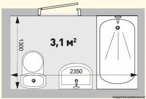 Планировка ванной комнаты площадью до 3,3 м2